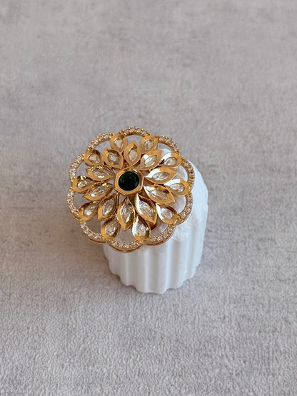 Ayura Designs Elisa Adjustable Ring – Moissanite Floral Ring with Emerald Green Centre & Crystal Border