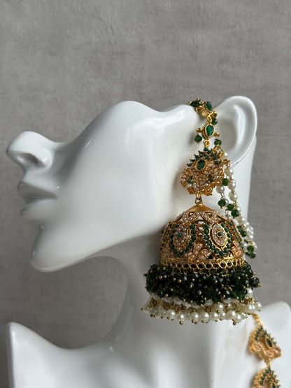 Ayura Designs Safia Tikka Set with Sahare Earrings – Emerald Green Beads & Champagne Crystals