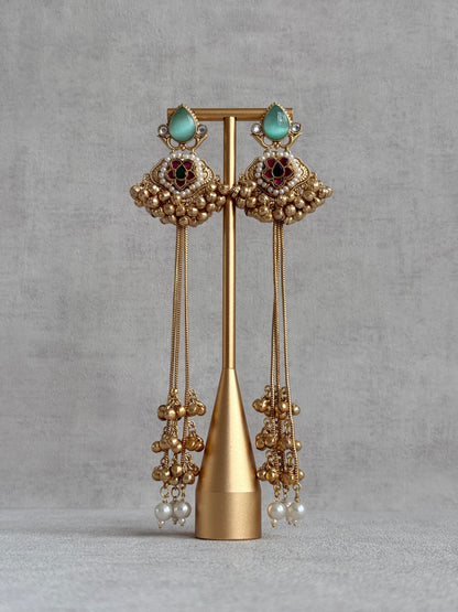 Ayura Designs Nishat Earrings – Kashmiri Duster Earrings with Mint Green Stones, Pearl Drops & Ghungroo Detailing