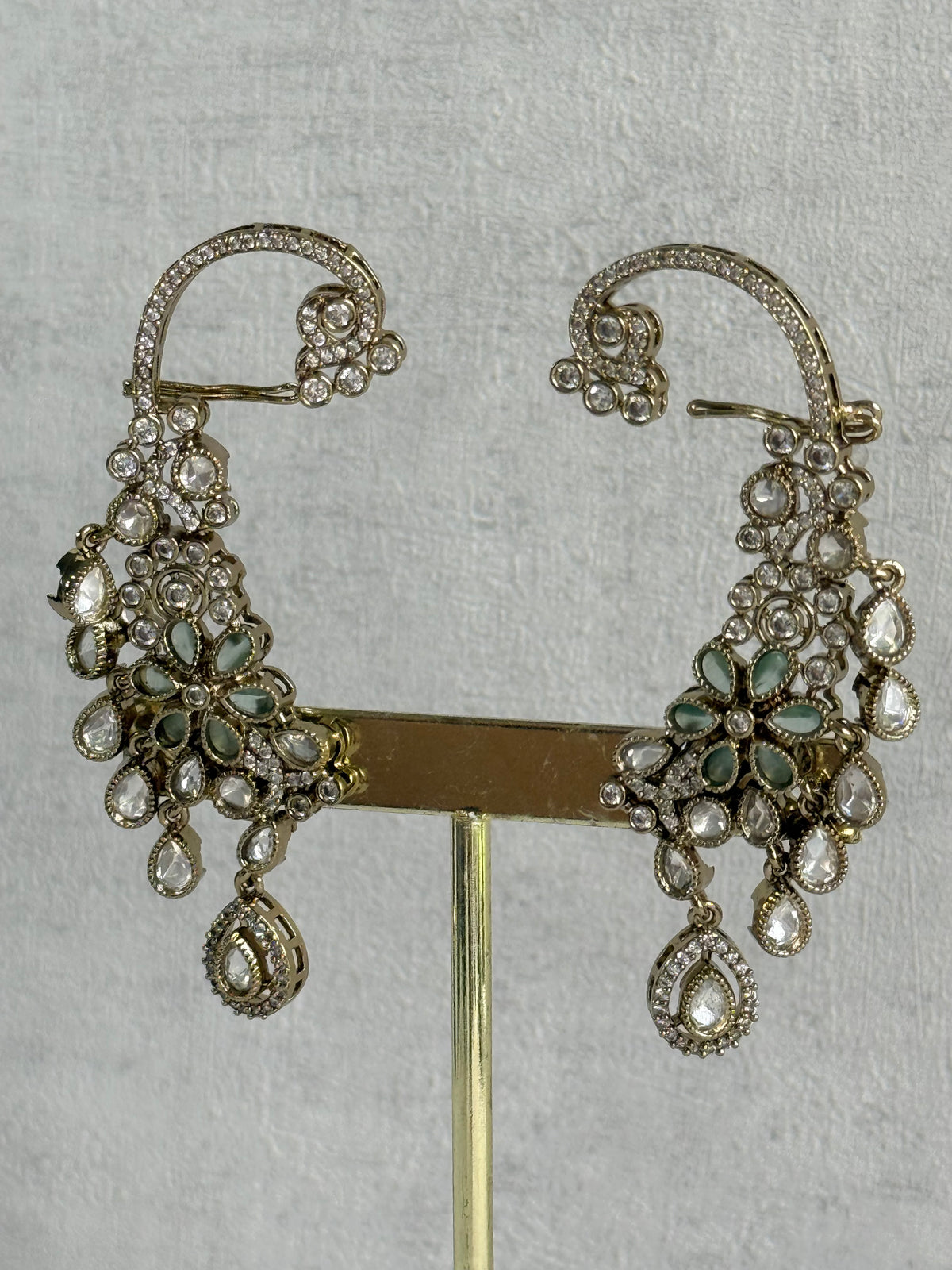 Ayura Designs Aksara Kaanphool Earrings – Mint Green Stones, Kundan, Crystals & Antique Gold Finish