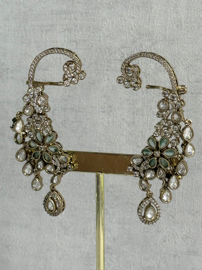 Ayura Designs Aksara Kaanphool Earrings – Mint Green Stones, Kundan, Crystals & Antique Gold Finish