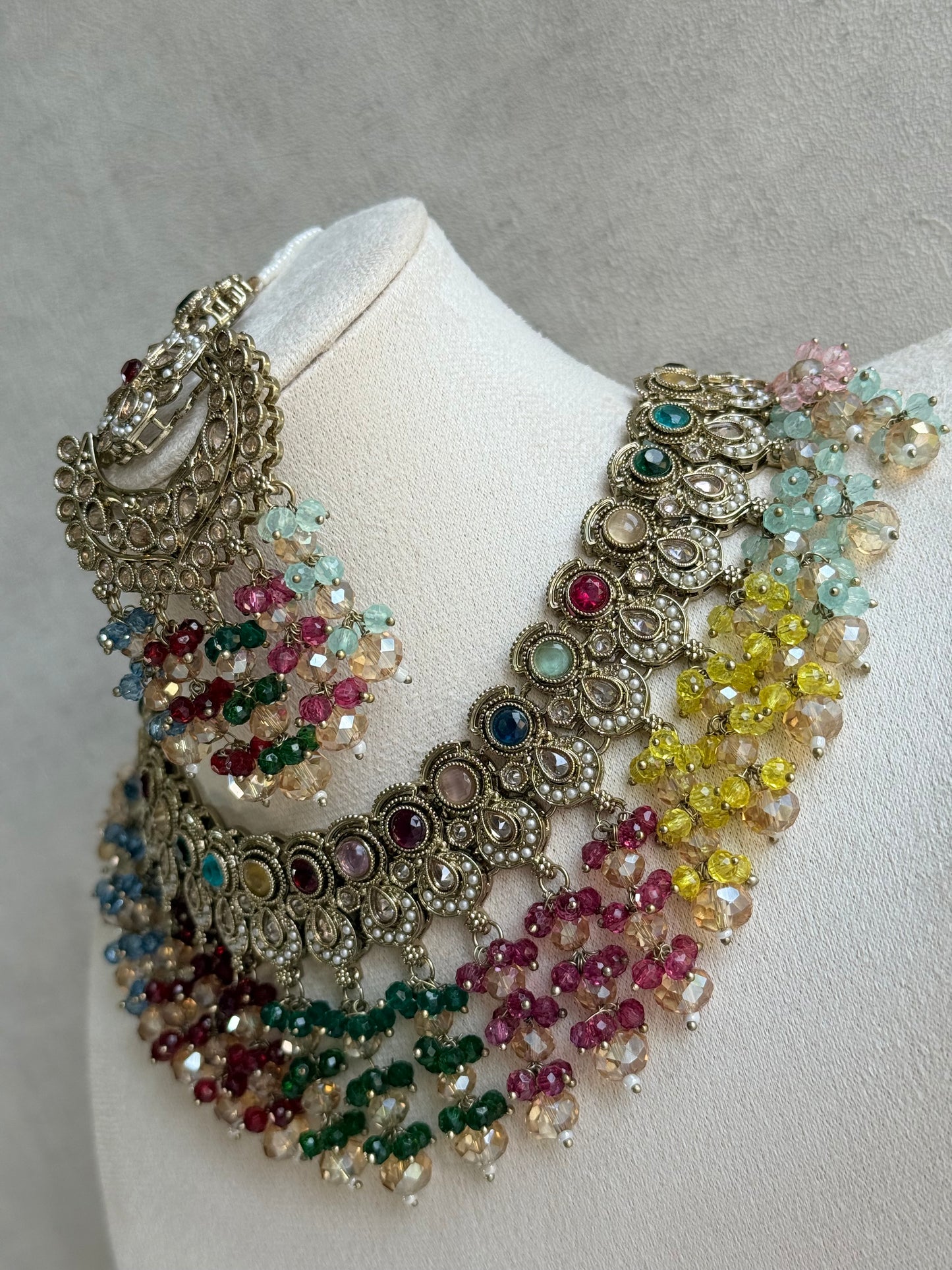 Ayura Designs Dilnaz Necklace Set with Earrings, Tikka & Passa – Multicolour Crystal Beads & Antique Gold Finish