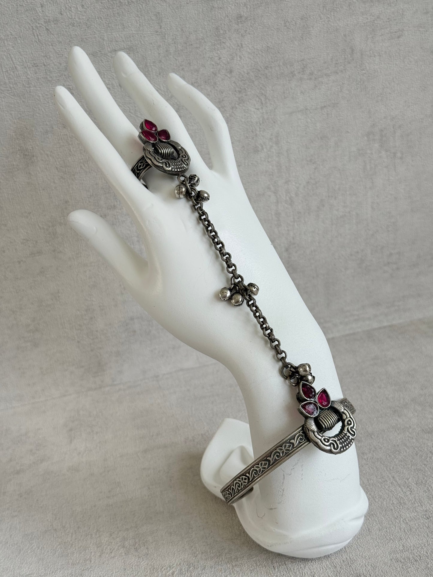 Ayura Designs Ishaana Haathphool Set of 2 – Oxidised Silver Hand Harness with Ruby Pink Stones & Ghungroo Detailing