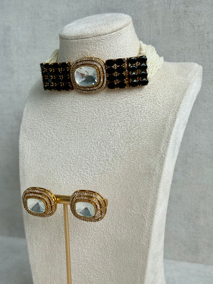 Ayura Designs Emma Choker Set – Black Gemstone Choker & Studs with Mirror-Cut Centrepiece, Pearl Strands & Crystal Borders