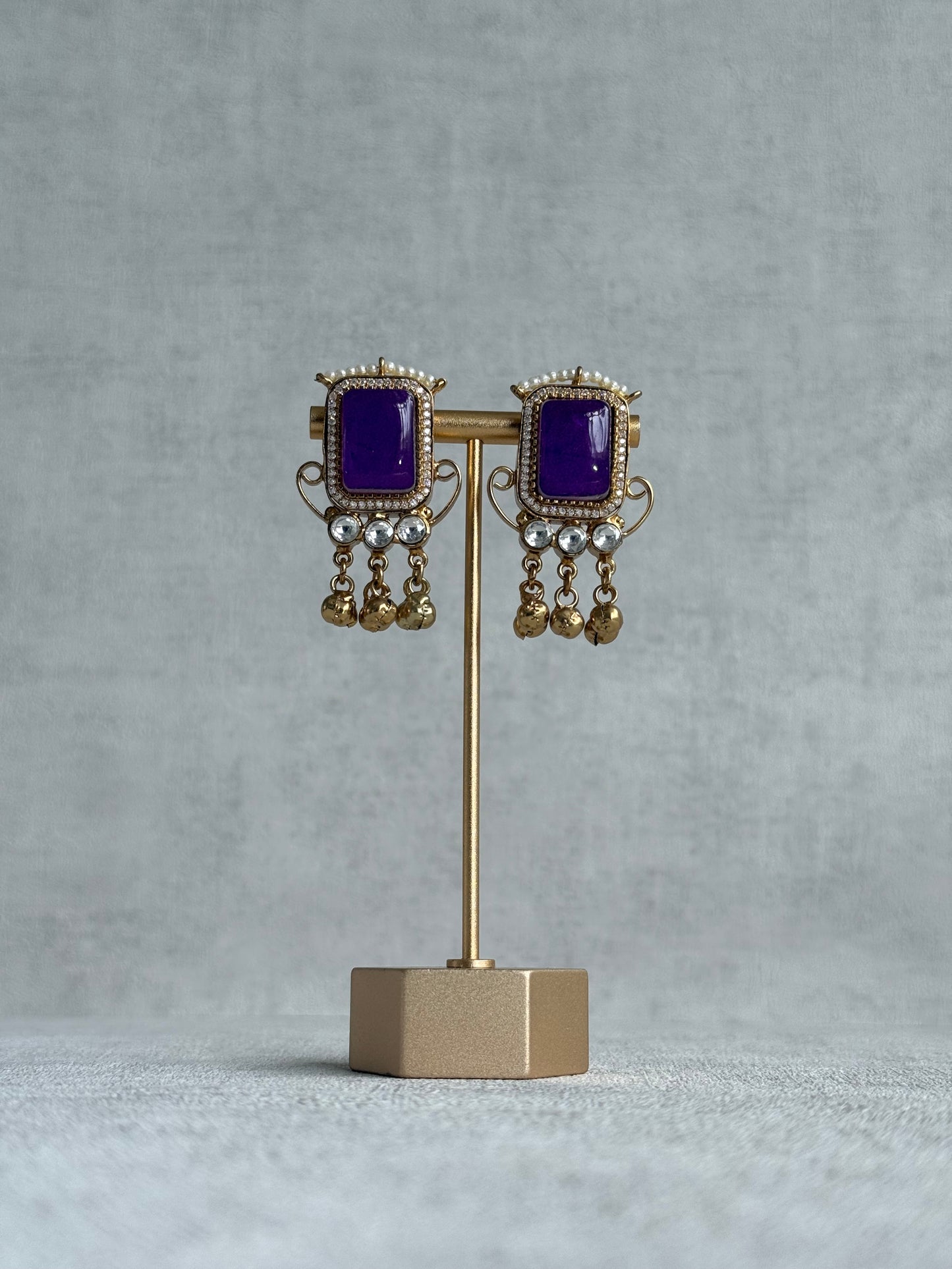 Ayura Designs Aleena Earrings – Royal Purple Stone Stud Earrings with Pearls & Ghungroo Detailing
