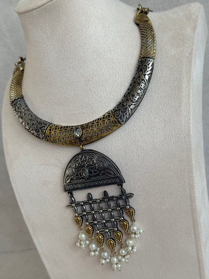 Ayura Designs Dhoop Necklace Set with Earrings – Dual Tone Oxidised Necklace with Lattice Pendant & Pearl Detailing