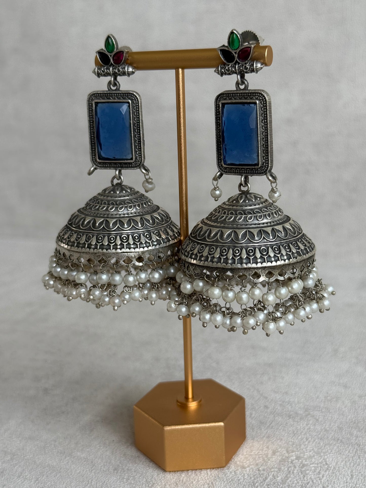 Ayura Designs Zeba Earrings – Oxidised Statement Jhumkis in Ink Blue & Multicolour Stones with Pearl Detailing