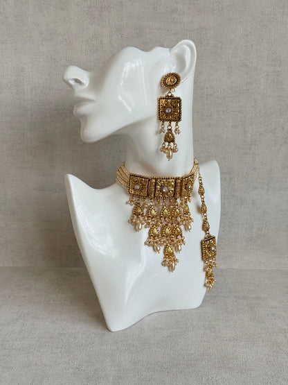 Ayura Designs Nimrah Choker Set with Earrings & Tikka – Ivory Pearl Gold Tone Waterfall Jewellery Set