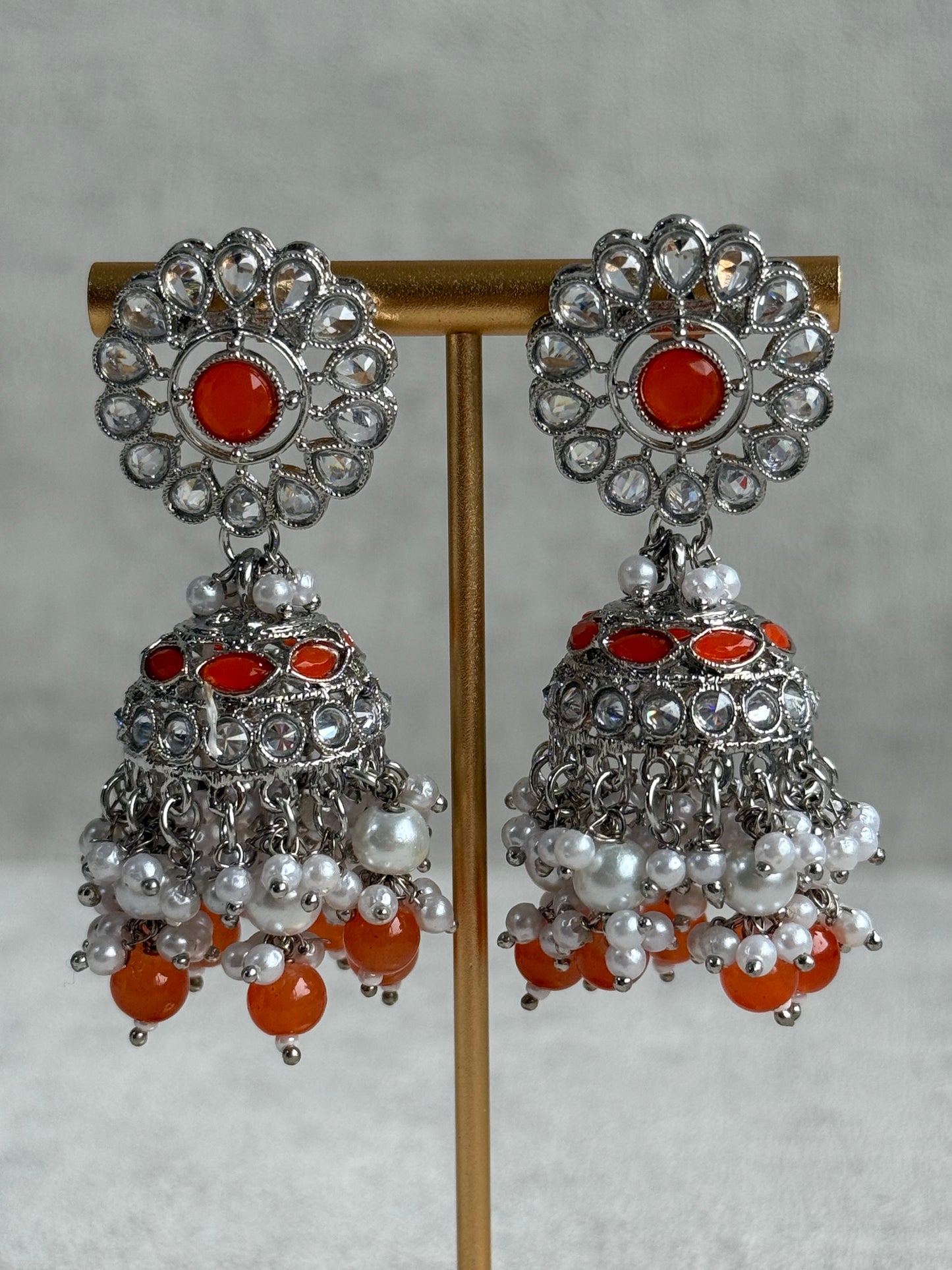 Ayura Designs Barira Set – Necklace, Jhumkis & Tikka with Orange Stones, Pearls & Antique Silver Finish