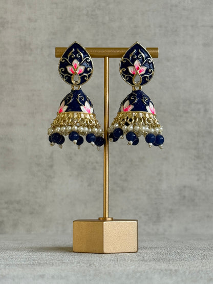 Ayura Designs Gia Jhumkis – Midnight Blue Meenakari with Pink Lotus Motifs & Ivory Pearl Drops