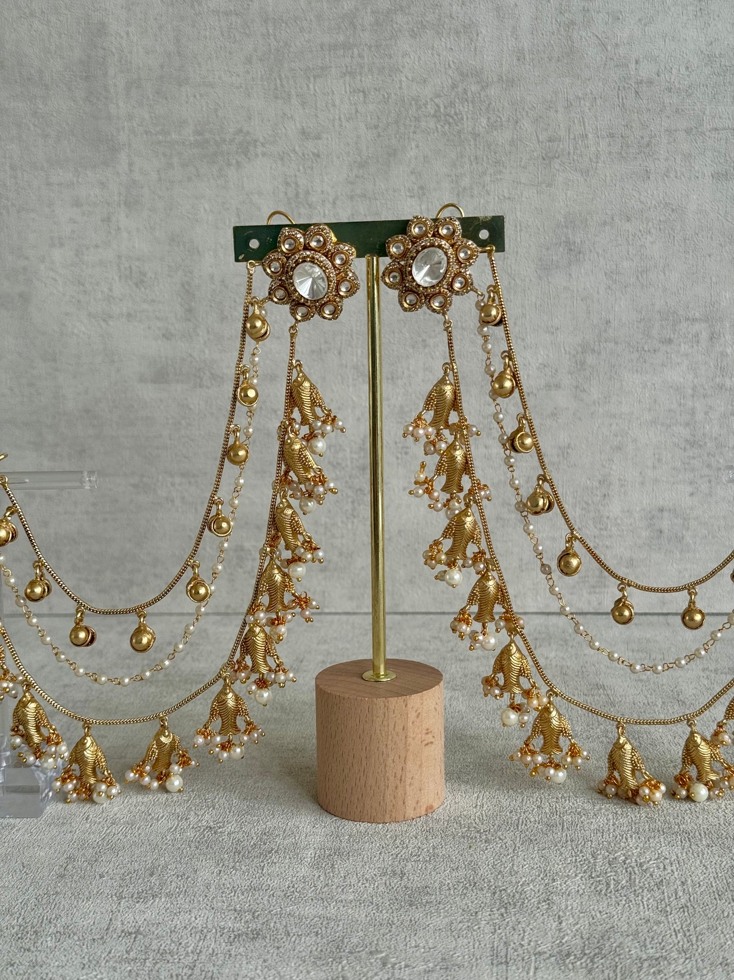 Ayura Designs Kohsar Earrings with Sahare – Mirror-Cut Studs, Fish Motifs & Pearl Detailing in Antique Gold