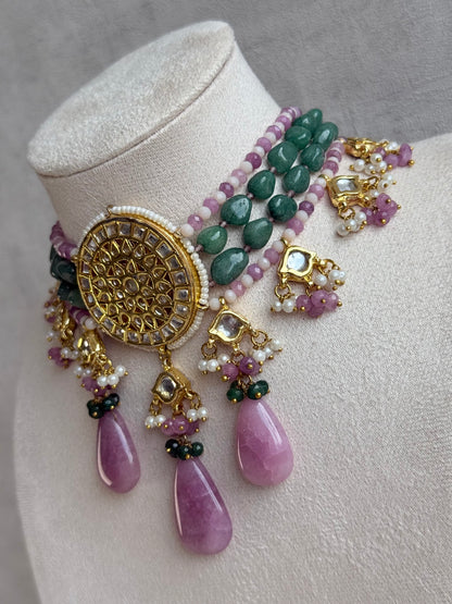 Ayura Designs Rabeeya Kundan Choker Set with Earrings – Blush Pink & Emerald Green Bead Detailing