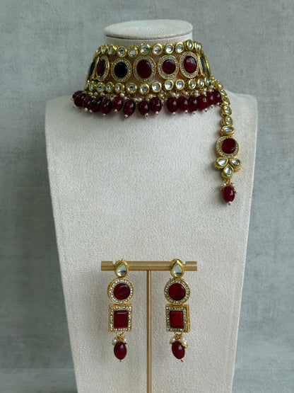 Ayura Designs Ishi Set With Choker, Earrings & Tikka – Kundan Stones With Deep Maroon Beads