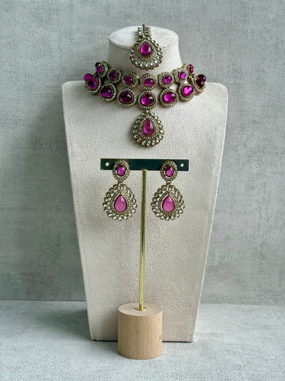 Ayura Designs Tamara Set with Necklace, Earrings & Tikka – Fuchsia Stones, Kundan Borders & Antique Gold Finish