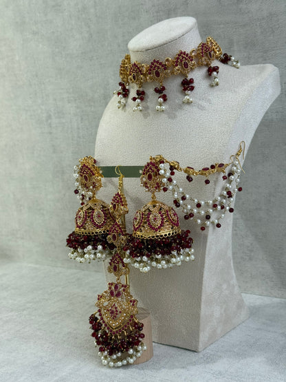 Ayura Designs Noor Set – Choker, Jhumkis with Sahare & Tikka in Maroon with Pearl Detailing
