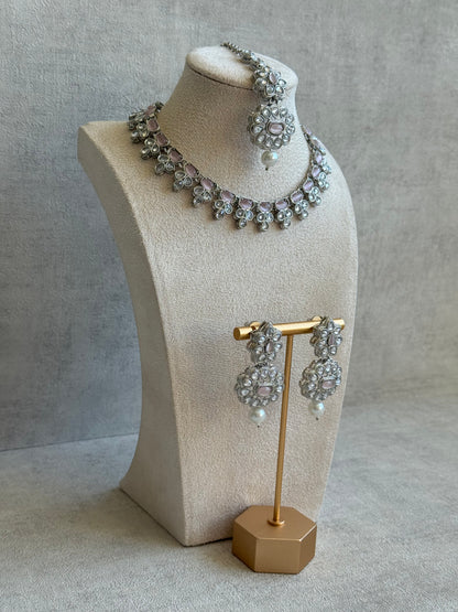 Ayura Designs Sumbul Set with Necklace, Earrings & Tikka – Blush Pink Stones, Mirror-Cut Accents & Pearl Drops