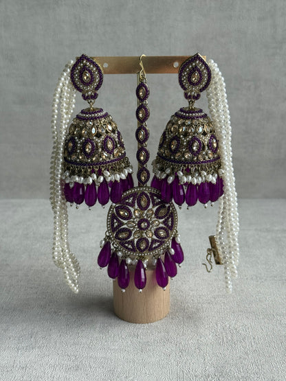 Ayura Designs Amrita Set – Jhumkis with Sahare & Tikka in Berry Purple, Pearls and Antique Gold Finish