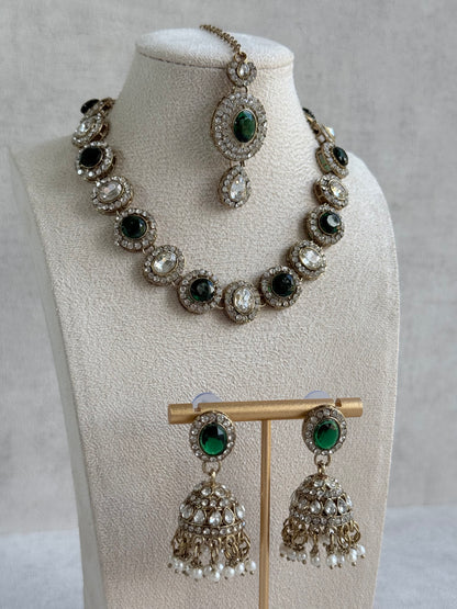 Ayura Designs Eira Necklace Set with Earrings & Tikka – Emerald Green & Crystal Stones with Antique Gold Finish