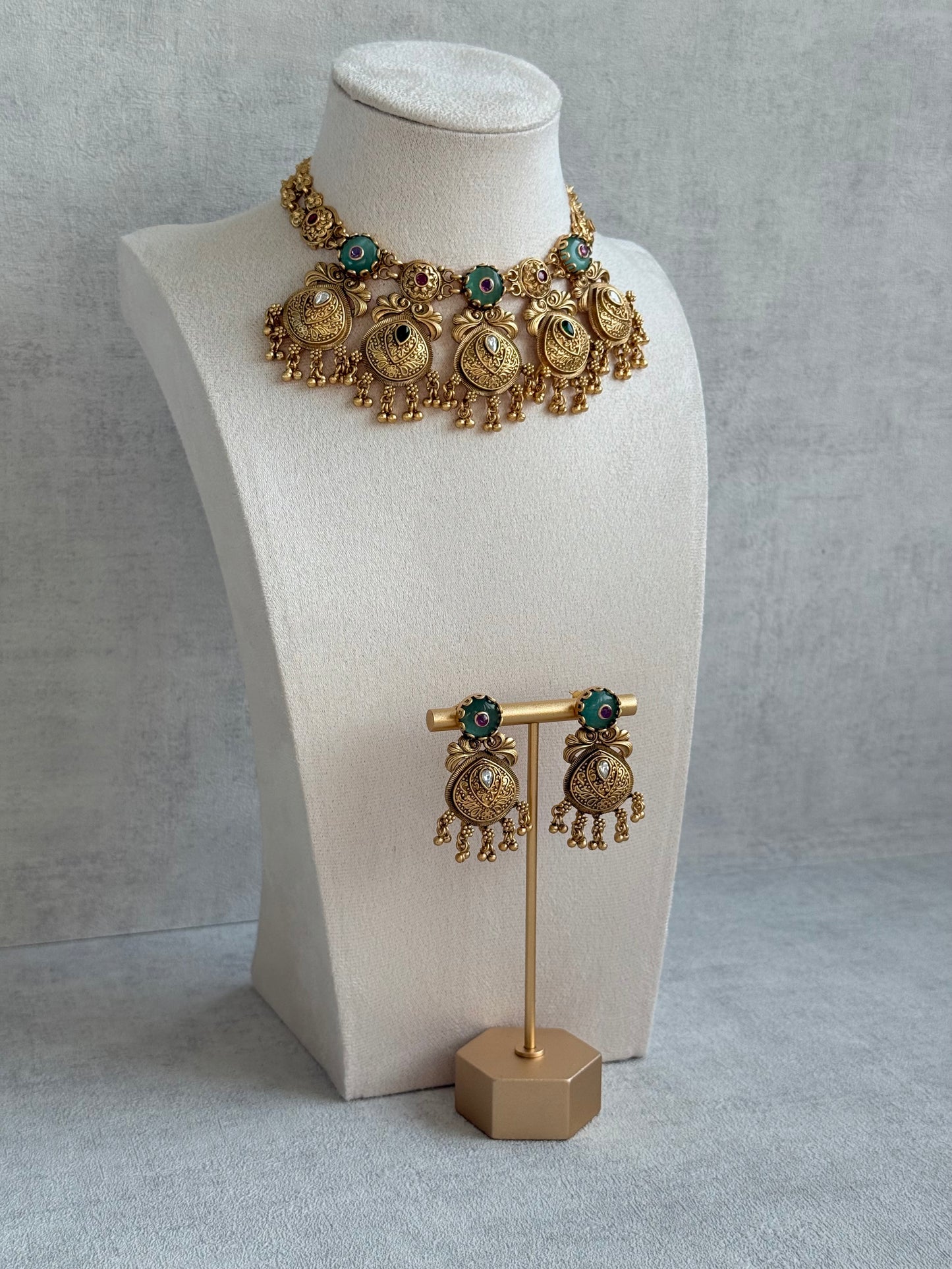 Ayura Designs Alera Set with Necklace & Earrings – Peacock Green and Rani Pink with Antique Gold Ghungroo Detailing