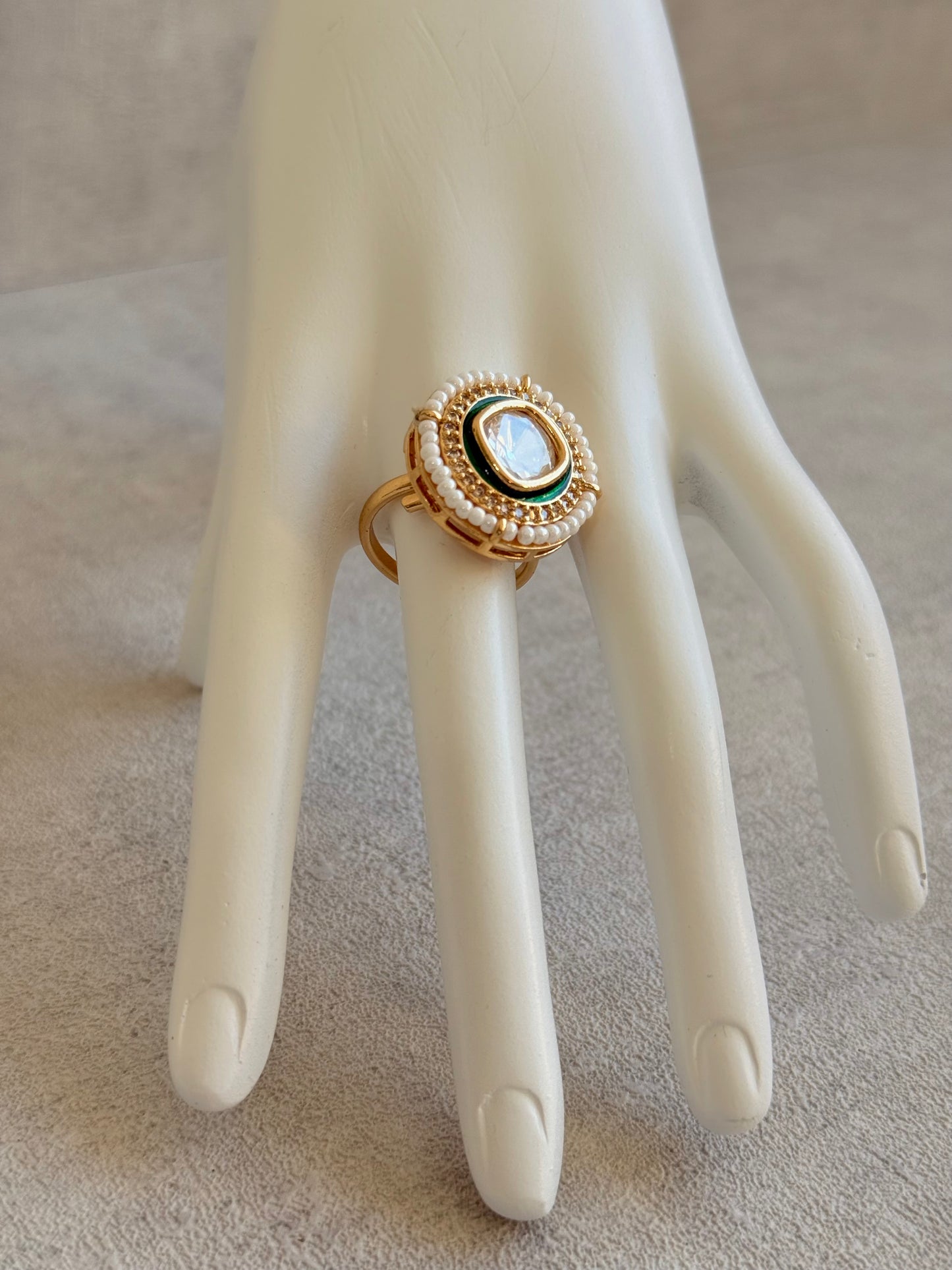 Ayura Designs Roselle Adjustable Ring – Moissanite Centre with Crystal Border & Ivory Pearls