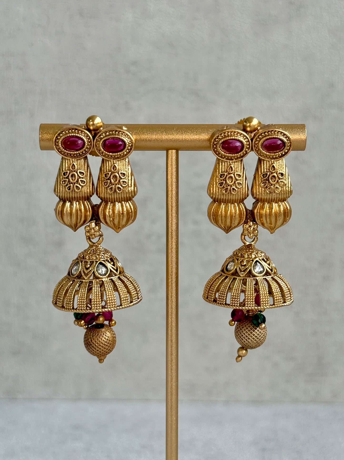 Ayura Designs Aima Necklace Set with Earrings – Antique Gold with Rani Pink & Emerald Green Stones