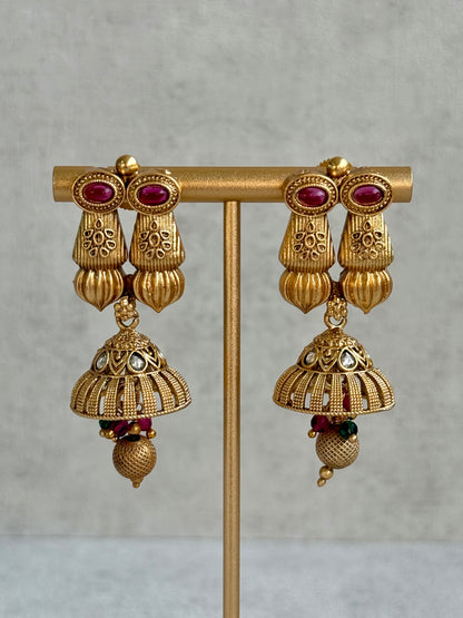 Ayura Designs Aima Necklace Set with Earrings – Antique Gold with Rani Pink & Emerald Green Stones