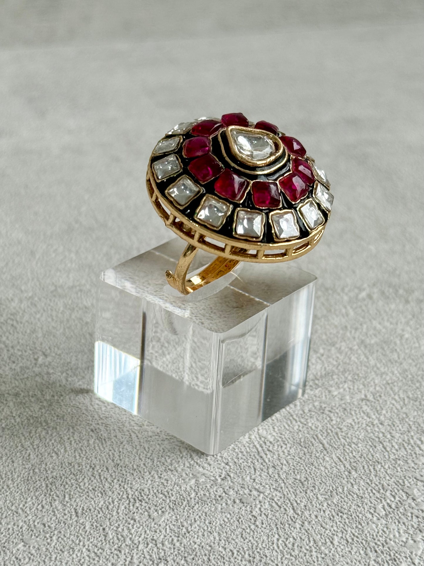 Ayura Designs Zaib Adjustable Ring – Mirror-Cut Stone with Green Enamel, Ruby Pink Accents & Crystal Detailing