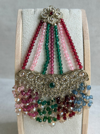 Ayura Designs Dilnaz Necklace Set with Earrings, Tikka & Passa – Multicolour Crystal Beads & Antique Gold Finish