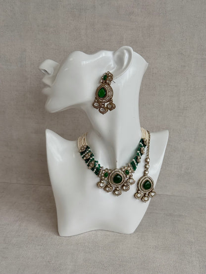 Ayura Designs Rahi Necklace Set with Earrings & Tikka – Emerald Green Stones with Mirror-Cut Detailing & Pearl Strands