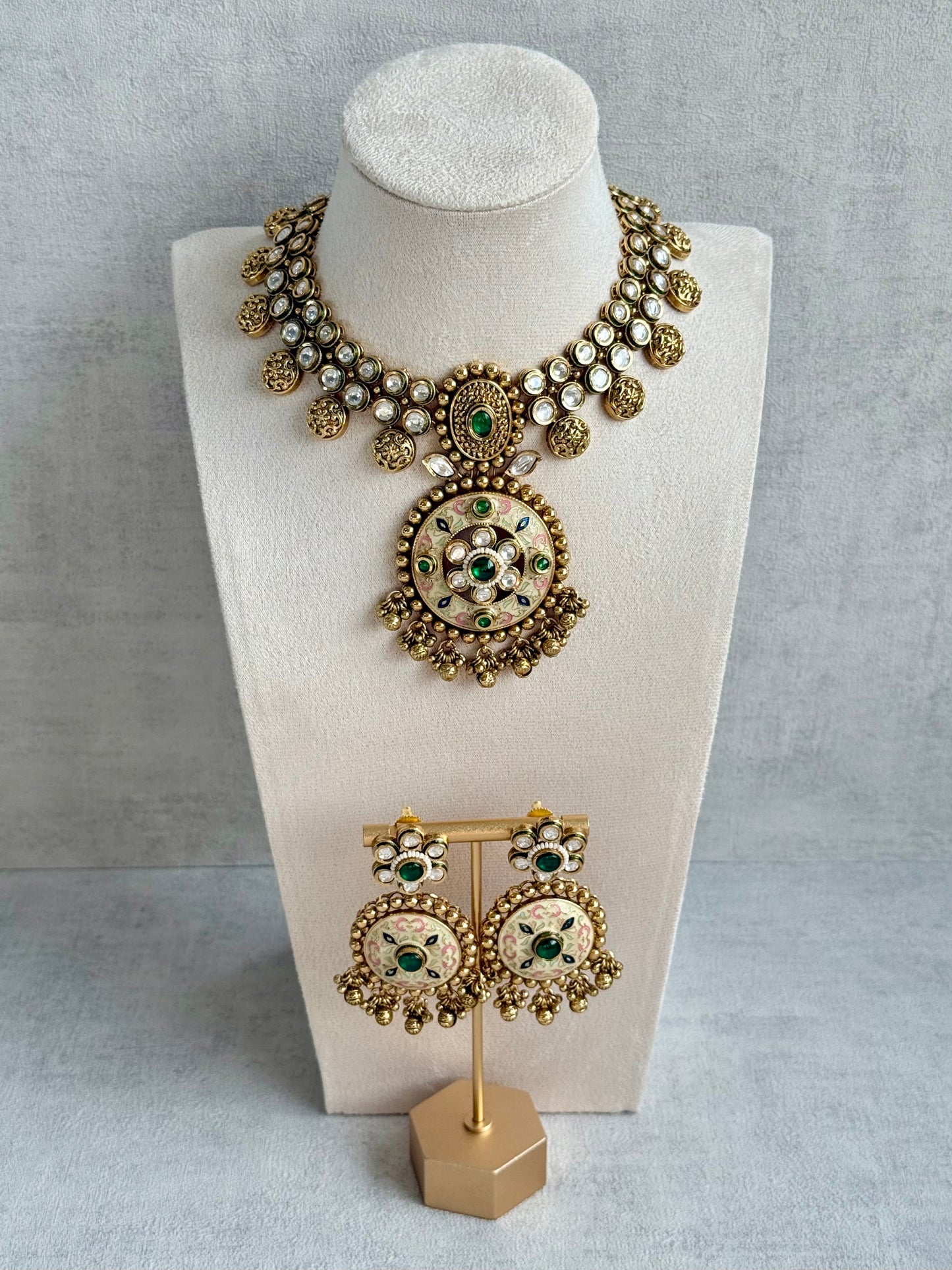 Ayura Designs Zayna Set with Necklace & Earrings – Ivory Meenakari with Emerald Green Stones