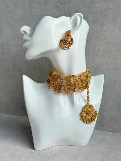 Ayura Designs Rami Choker Set with Earrings & Tikka – Antique Gold Medallions with Ghungroo Drops