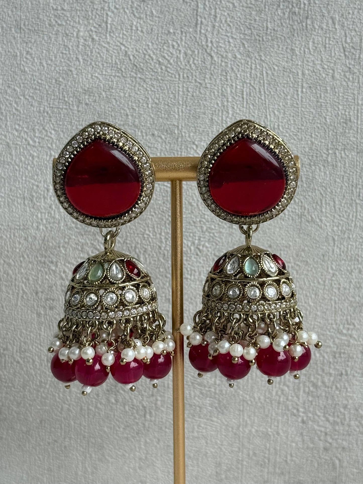 Ayura Designs Brielle Set – Necklace & Jhumkis with Mirror-Cut Stones, Ruby Red, Mint Green & Ivory Pearl Detailing
