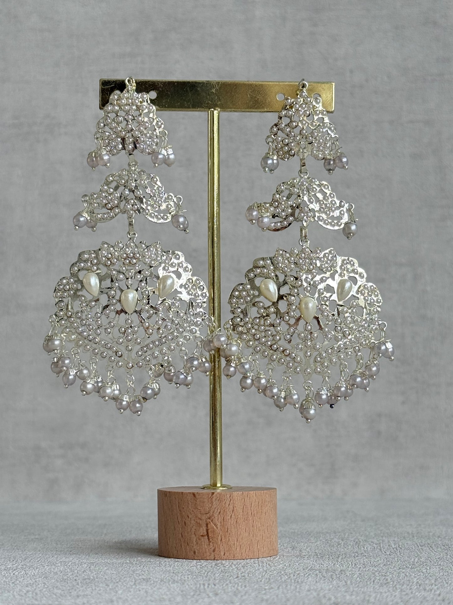 Ayura Designs Zarrar Earrings – Silver Jadau Filigree Statement Earrings with Pearl Drops
