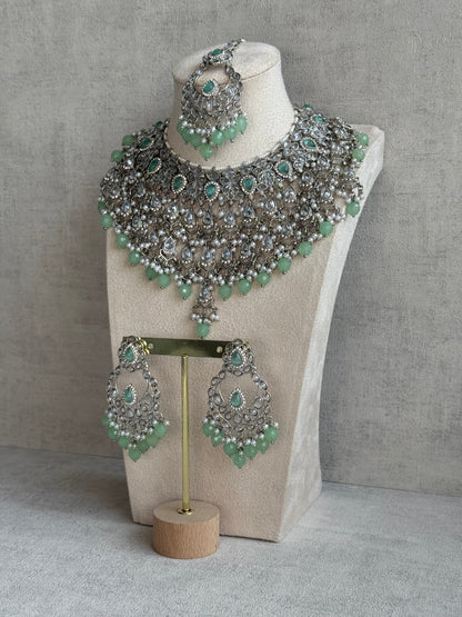 Ayura Designs Eknoor Set – Necklace, Tikka & Earrings with Pistachio Green Beads, Pearls and Silver Finish