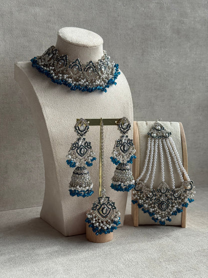 Ayura Designs Wania Set with Jhumkis, Tikka & Passa – Peacock Blue Beads, Mirror-Cut Stones & Antique Silver Finish