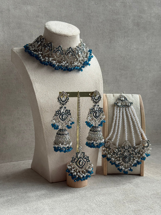 Ayura Designs Wania Set with Jhumkis, Tikka & Passa – Peacock Blue Beads, Mirror-Cut Stones & Antique Silver Finish