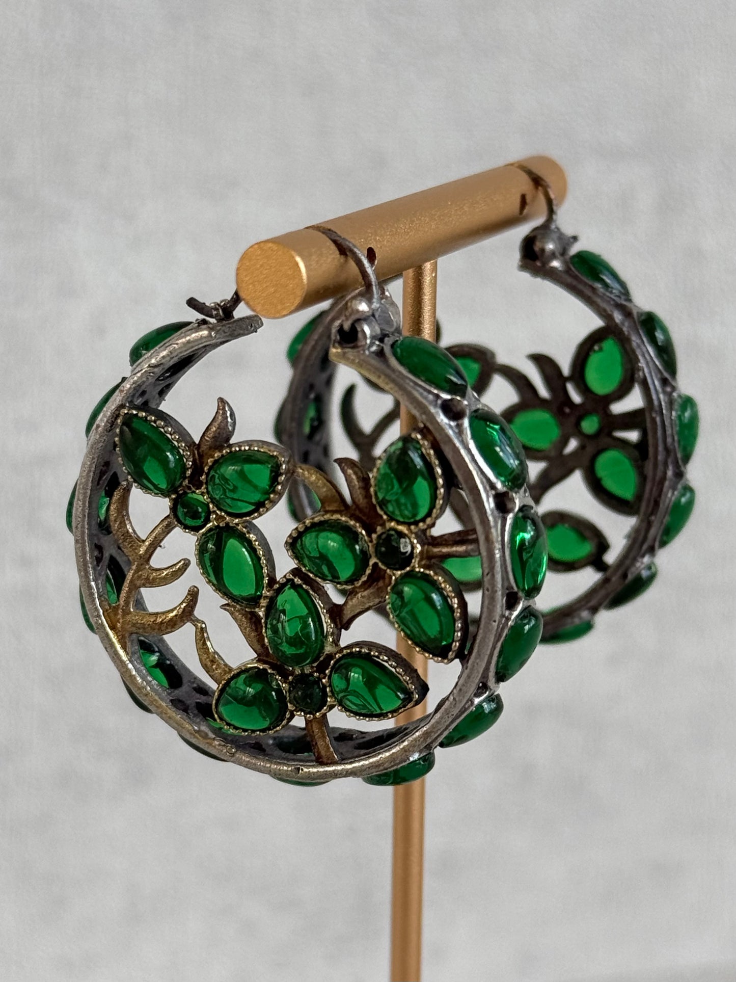 Ayura Designs Nureh Earrings – Dual Tone Floral Hoop Earrings with Emerald Green Stones & Cutwork Detailing