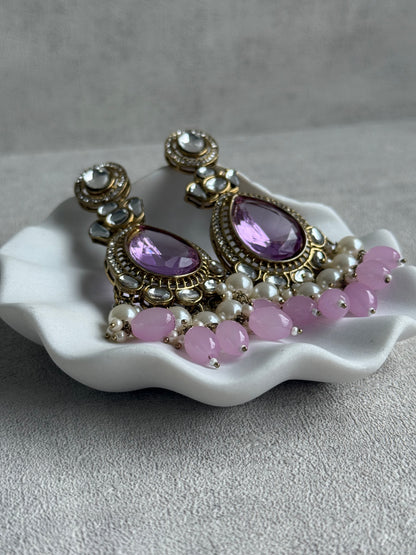 Ayura Designs Nageen Earrings – Antique Gold Jhumkis with Lilac Stones, Mirror-Cut Accents & Pearl Drops