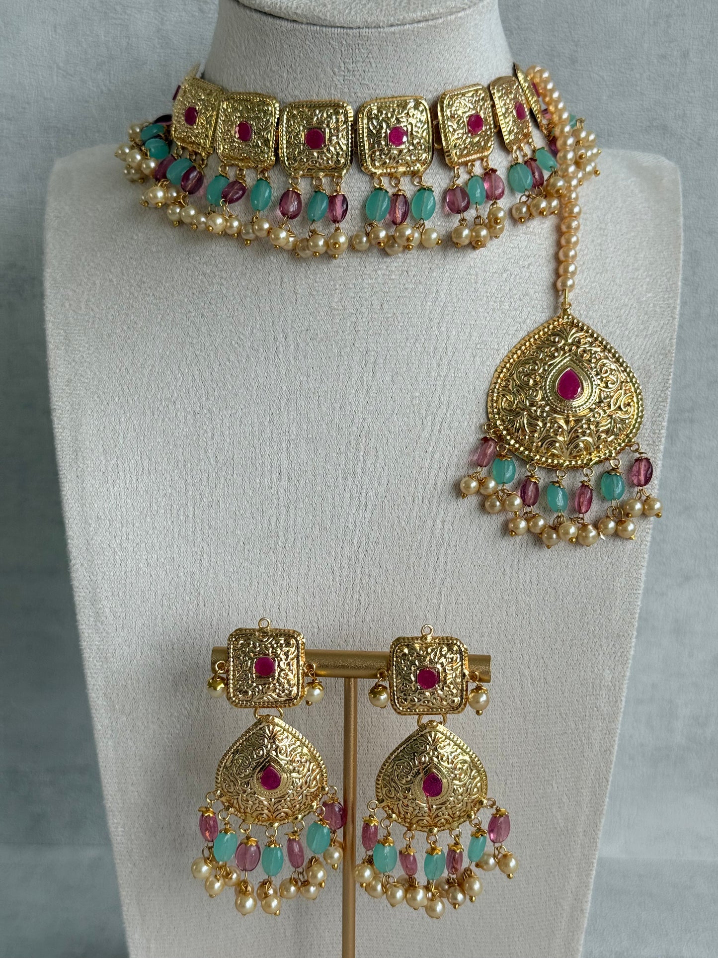 Ayura Designs Chetna Choker Set with Earrings & Tikka – Aqua & Rani Pink Beads, Cream Pearl Drops with Pipal Patti Detailing