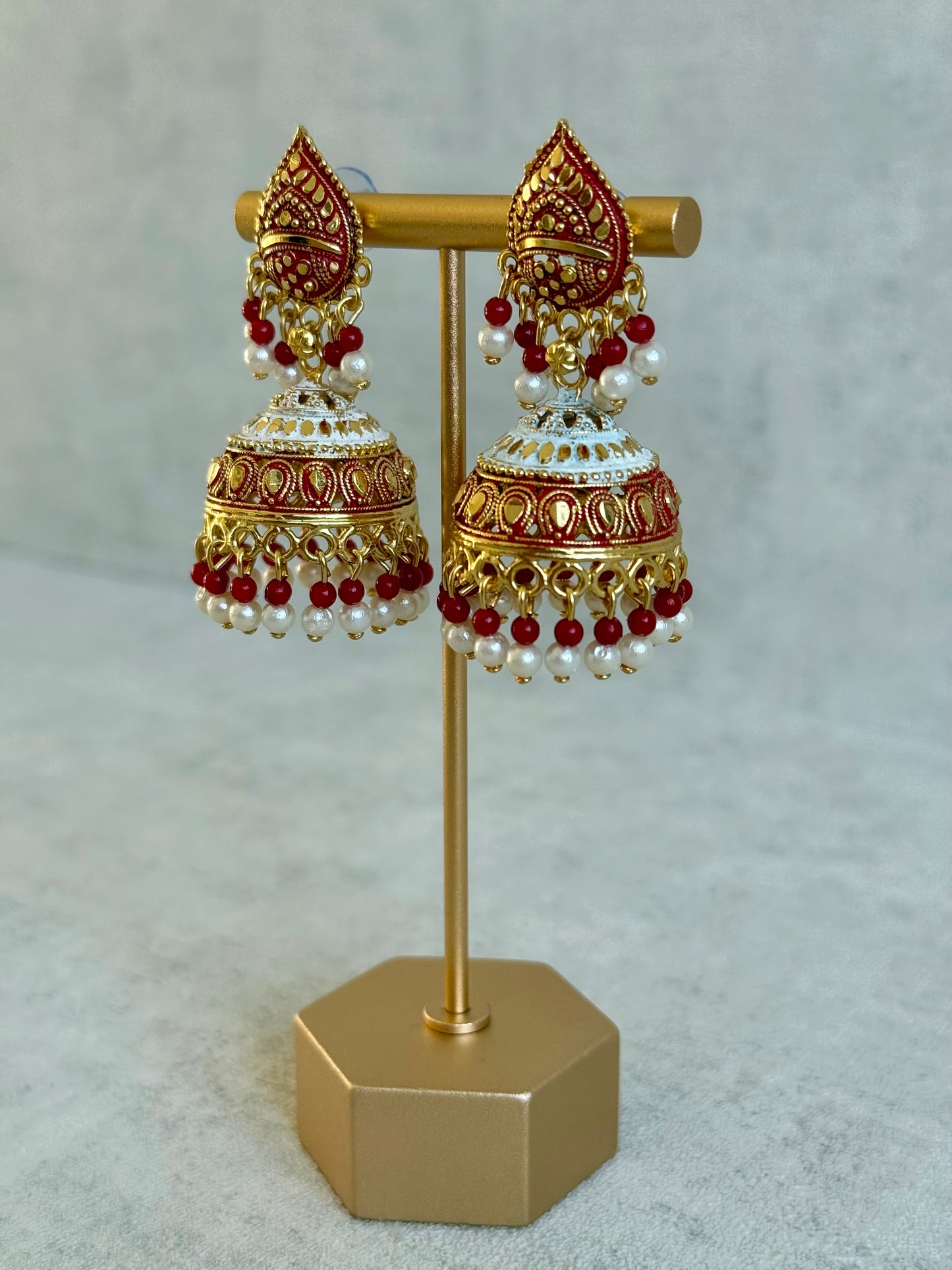 Ayura Designs Jogan Jhumkis – Red & White Beads with Antique Gold Detailing