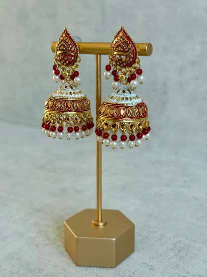 Ayura Designs Jogan Jhumkis – Red & White Beads with Antique Gold Detailing
