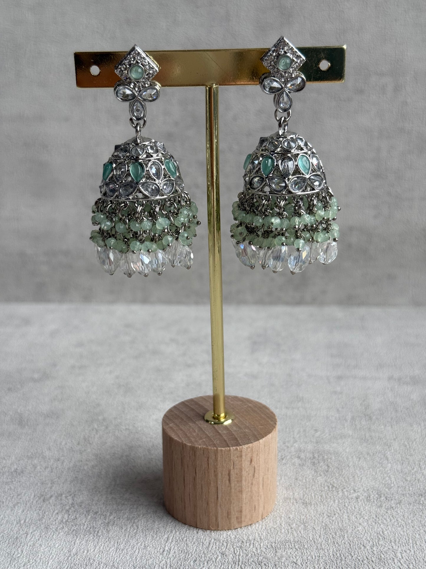 Ayura Designs Rayna Set – Necklace, Jhumkis & Tikka with Mint Green Beads, Mirror-Cut Stones & Silver Finish