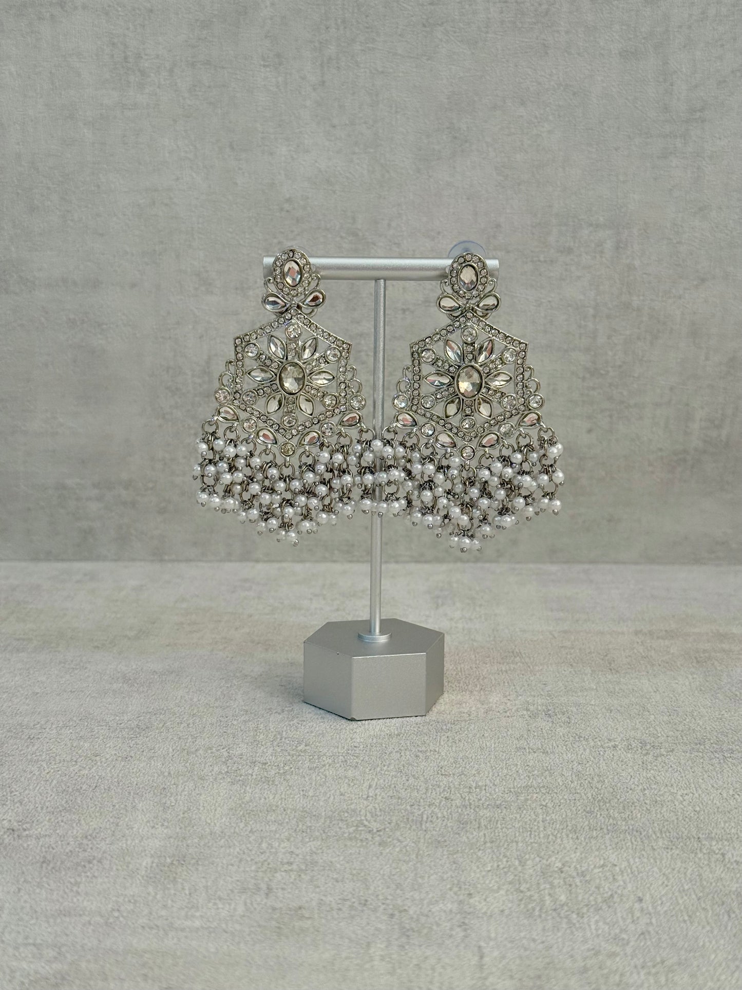 Ayura Designs Prija Earrings – Crystal Floral Chandeliers with Pearl Cluster Drops