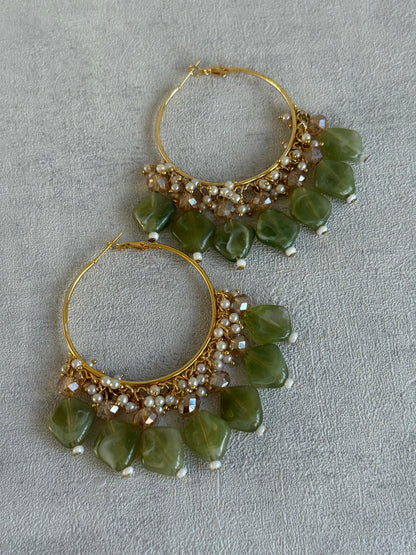 Ayura Designs Heer Balis – Gold Hoops with Olive Marble Beads, Pearls & Crystal Detailing