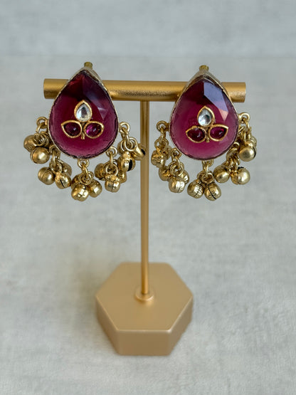 Ayura Designs Aykai Earrings – Ruby Pink Teardrop Stud Earrings with Clear Kundan Stones and Gold Ghungroo Drops