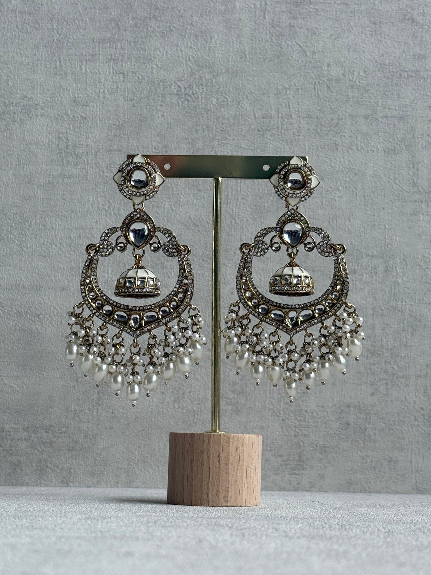 Ayura Designs Reha Earrings – Statement Chandbalis with Ivory Pearls & Mirror-Cut Stones