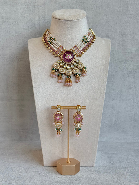 Ayura Designs Hasika Necklace Set with Earrings – Rose Pink, Emerald Green, Kundan & Pearl Detailing