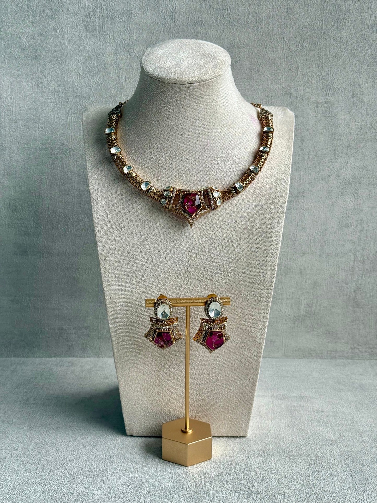 Ayura Designs Krupa Set – Necklace & Earrings with Magenta Stone featuring Natural Marbling, Mirror-Cut Kundan & Antique Gold Detailing