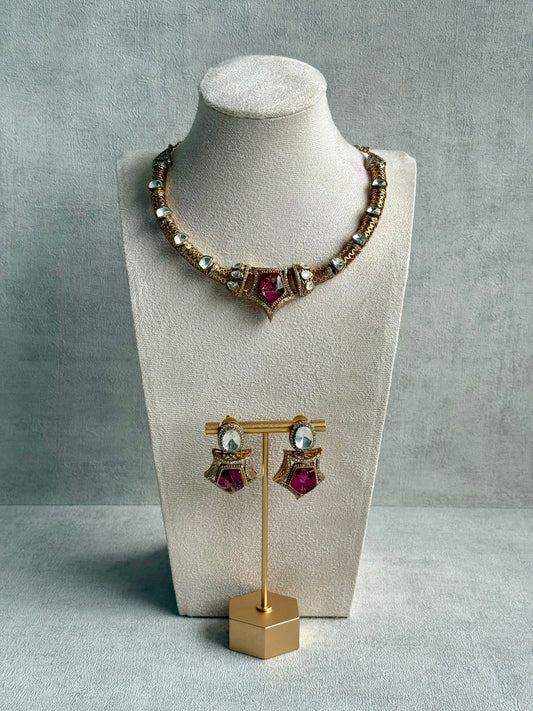Ayura Designs Krupa Set – Necklace & Earrings with Magenta Stone featuring Natural Marbling, Mirror-Cut Kundan & Antique Gold Detailing