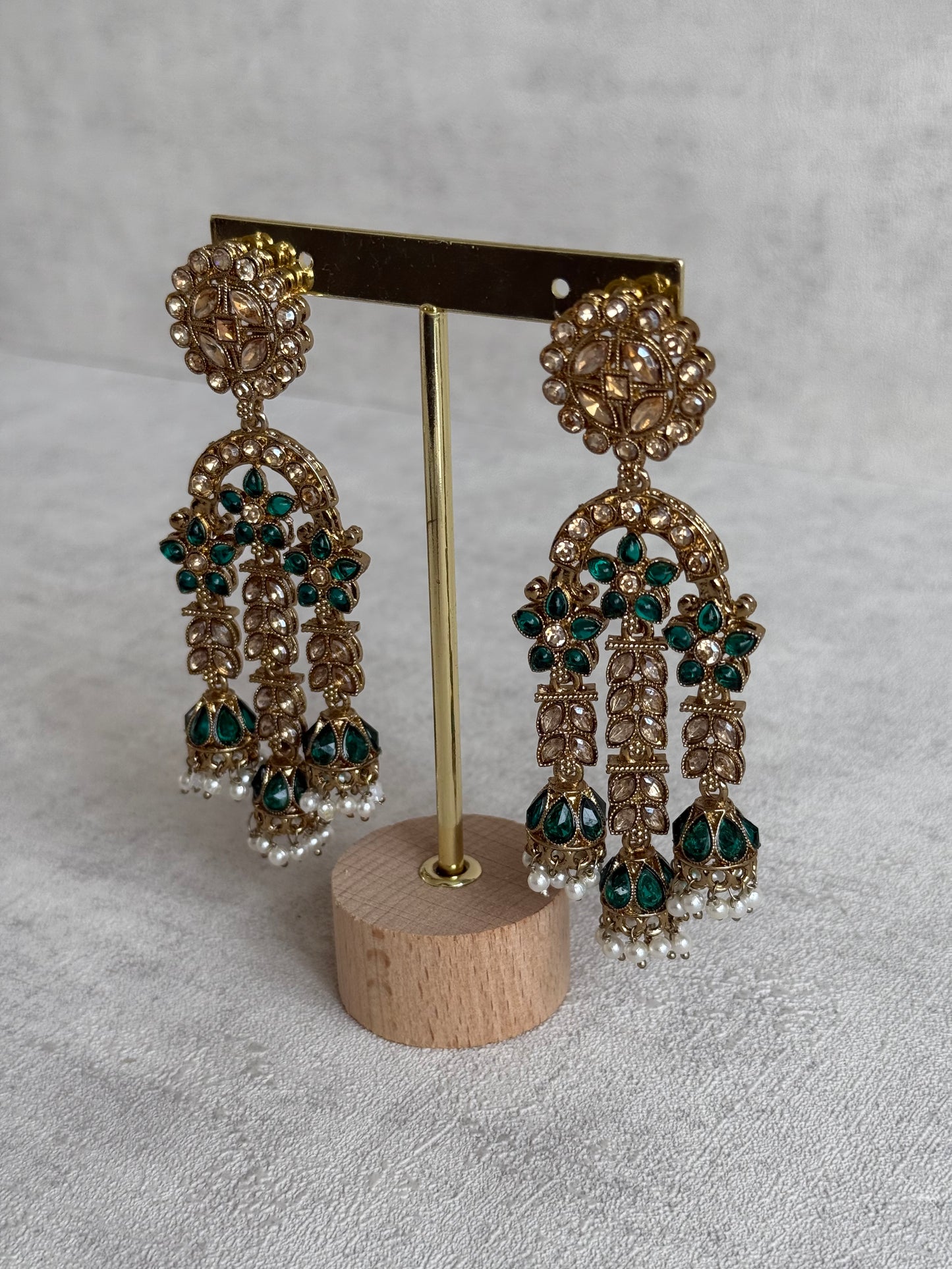 Ayura Designs Soraya Earrings – Emerald Green Stones, Champagne Crystals, Pearl Detailing & Gold Finish